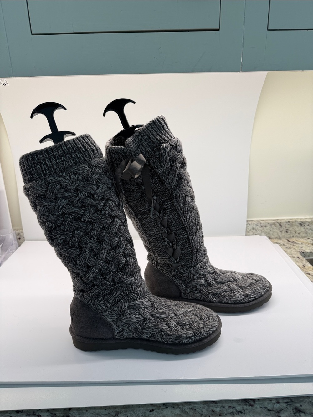 UGG Charcoal Cable-Knit Tall Lace-Back Boots